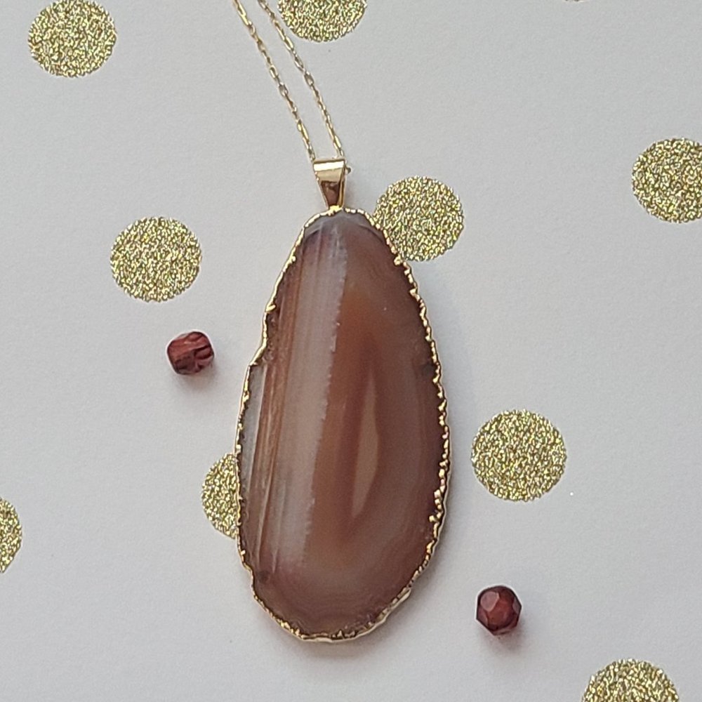 Hand-Cut Gold Plated Red Agate Rock Pendant on a Gold Chain